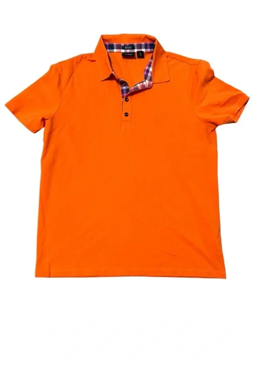 Hugo Boss Orange Polo with Plaid Collar Detail - Picture 1 of 5